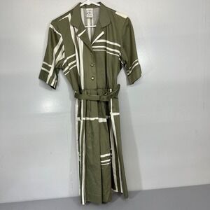 Vintage Petites by Willi Olive Green White Abstract Stripe Cotton Belted Dress 8